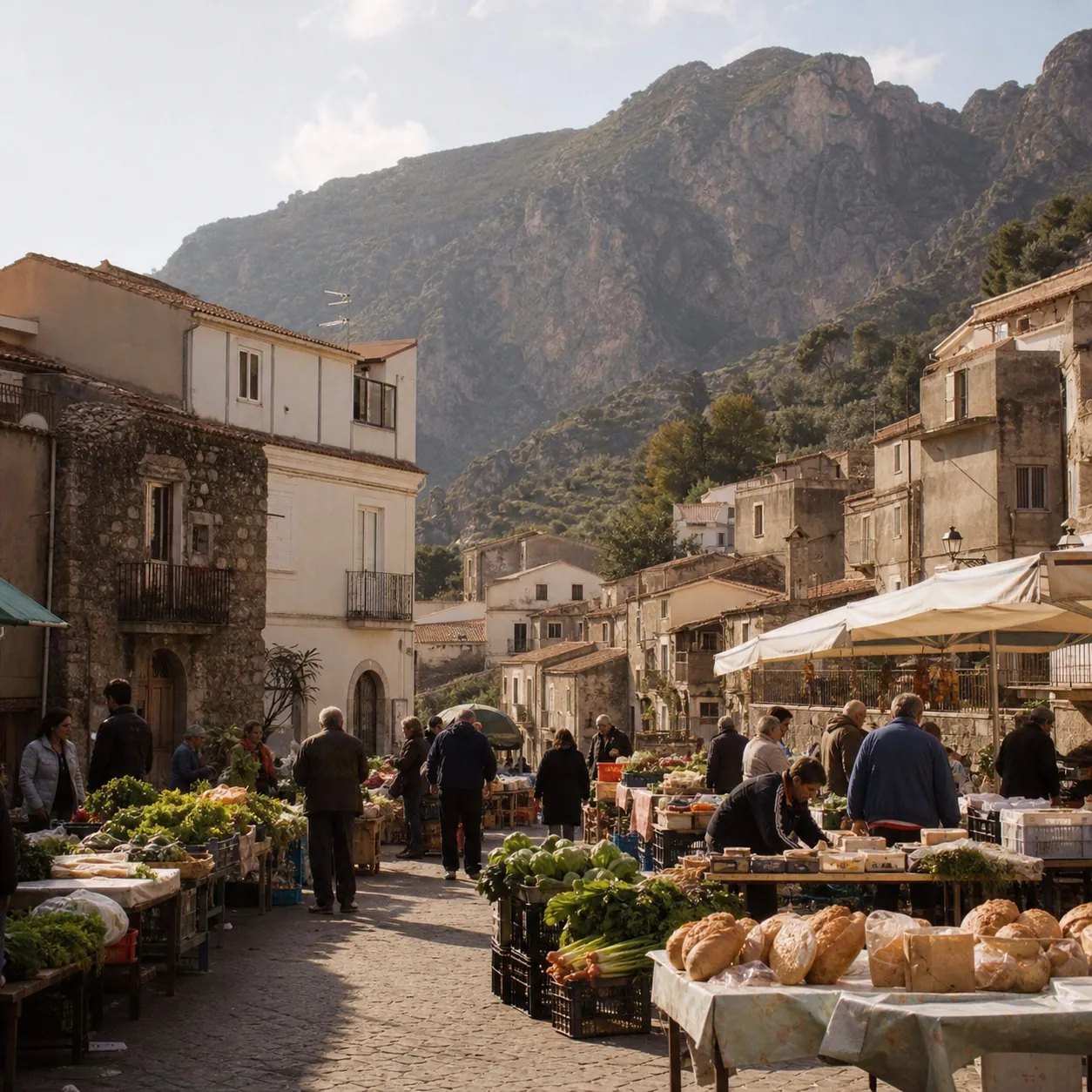 Illustration: A weekly market in a Calabrian hill town