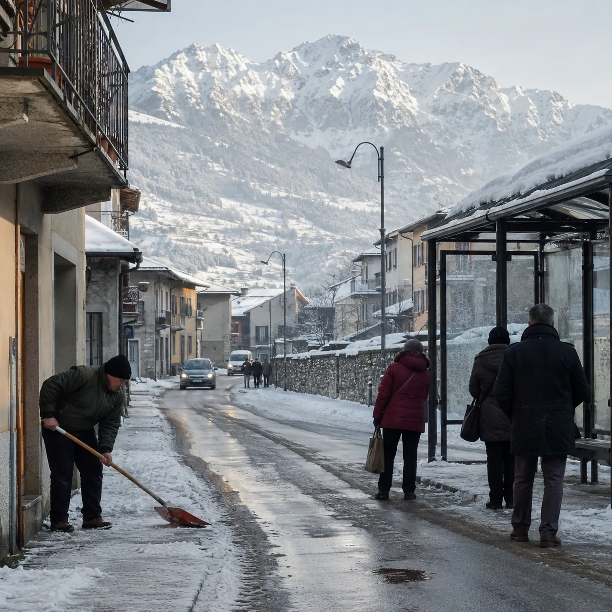 Illustration: Winter life in a Piedmontese Alpine town