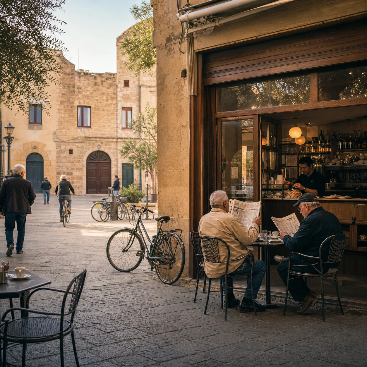 Illustration of everyday street life in Sardinia