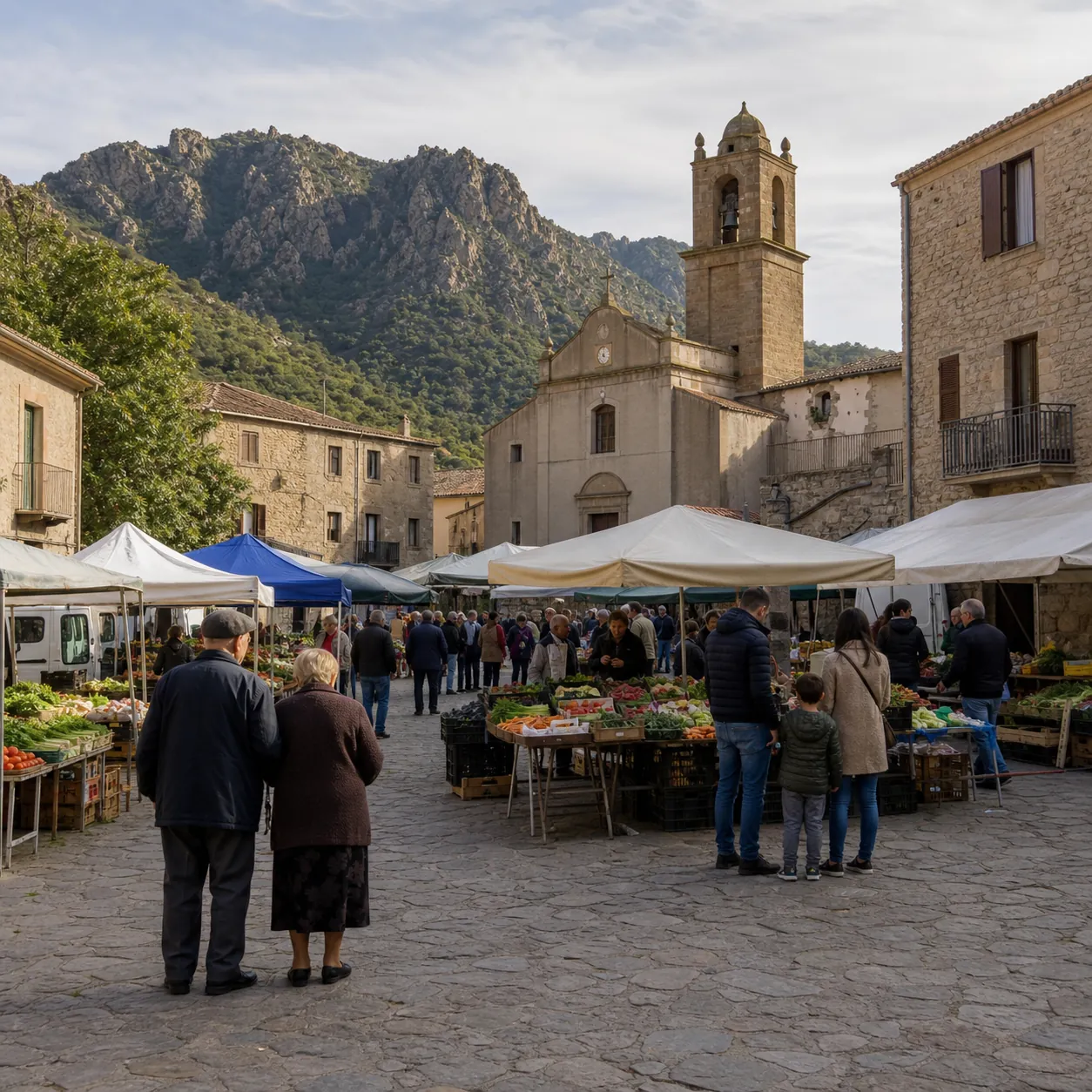 Illustration: Weekly market in an inland Sardinian village